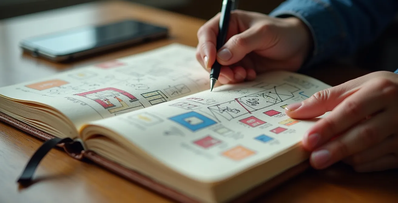 Mains annotant un carnet d'observation des usages de bureau