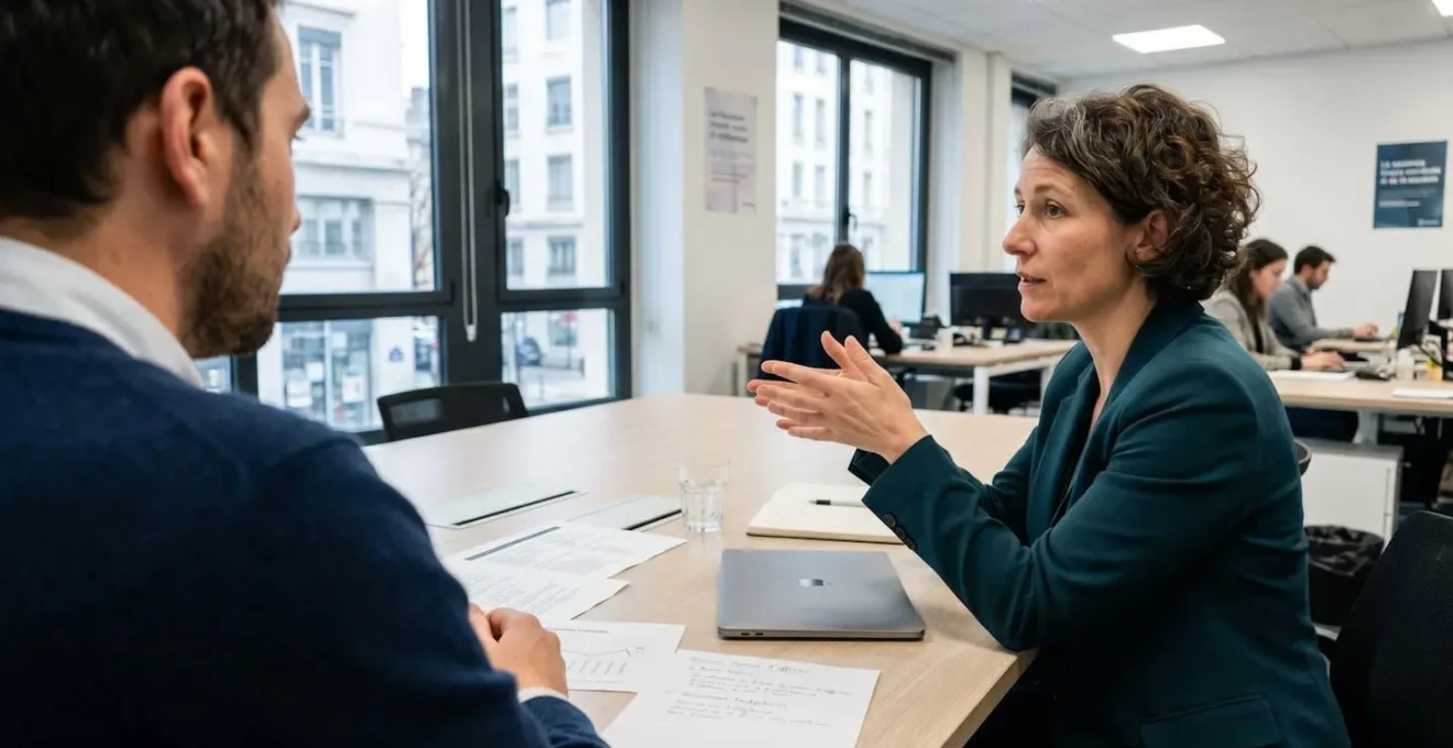 Deux professionnels en tenue décontractée professionnelle examinent ensemble des documents sur une table de bureau moderne et lumineuse, l'un pointe un détail avec un stylo, angle de vue latéral