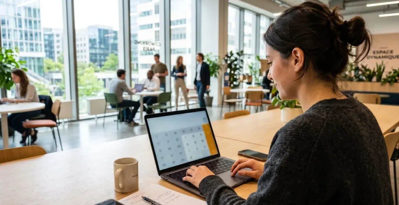 Un consultant indépendant vu de dos travaille sur son ordinateur portable dans un espace de coworking lumineux et moderne, l'écran affiche une application de calcul floutée