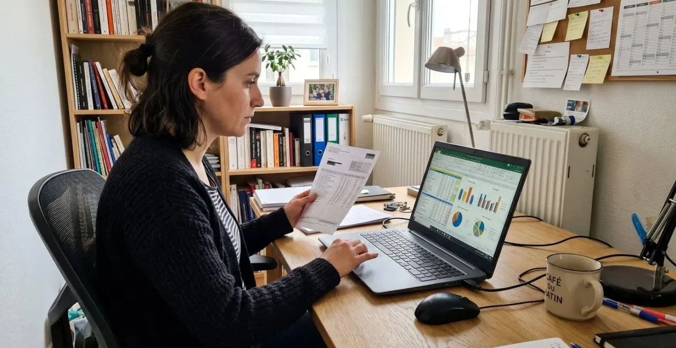 Gros plan sur des mains utilisant une application de calcul sur un smartphone posé sur un bureau moderne, le doigt tape sur un symbole pourcentage, l'arrière-plan est flouté avec un carnet visible