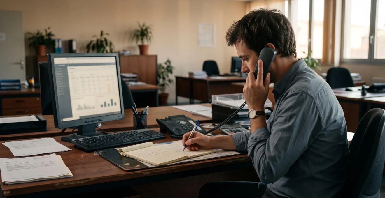 Un chargé de recouvrement appelle un client au téléphone tout en notant des informations sur un carnet dans un bureau.