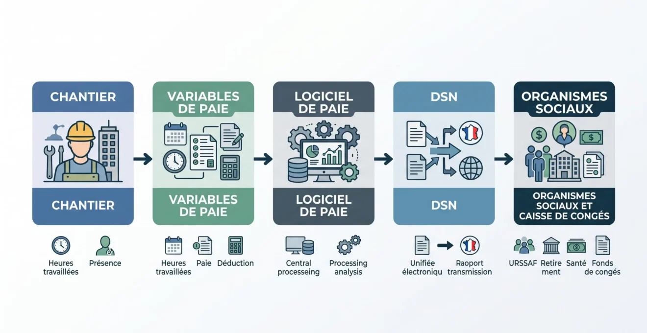 Schéma du flux des variables de chantier vers la paie et la DSN dans le BTP