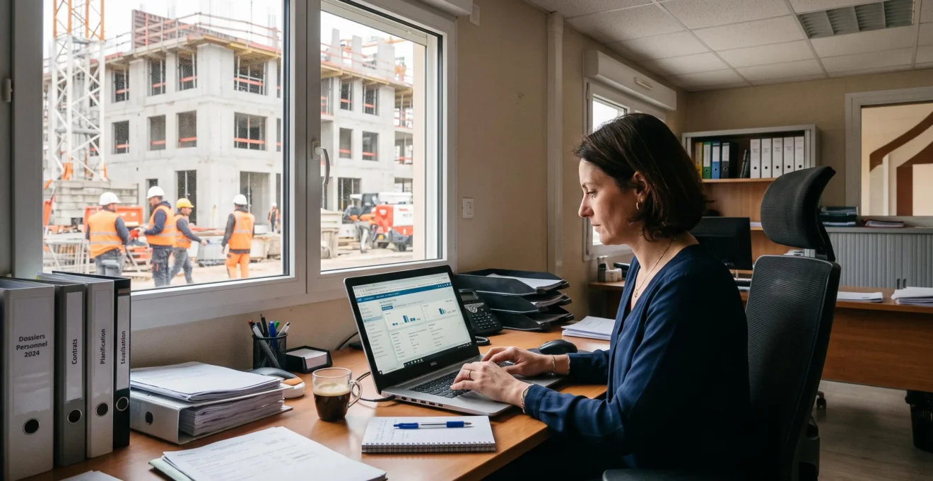 Responsable administratif du BTP consultant un logiciel de paie avec un chantier visible en arrière-plan