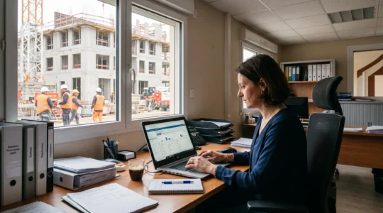 Responsable administratif du BTP consultant un logiciel de paie avec un chantier visible en arrière-plan