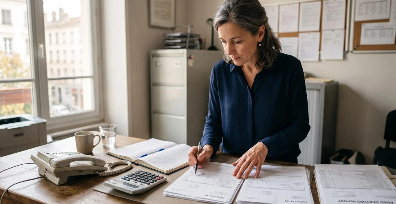 Une responsable financière examine des factures clients et un relevé d'encours posés sur son bureau dans un bureau français.