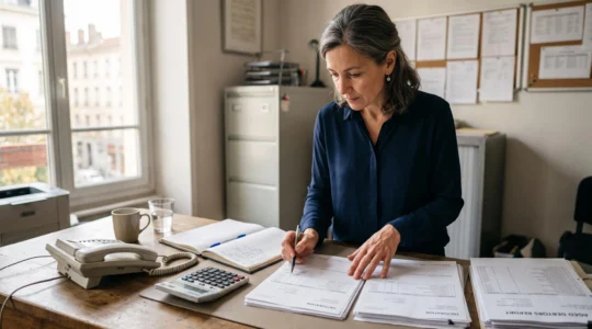 Une responsable financière examine des factures clients et un relevé d'encours posés sur son bureau dans un bureau français.