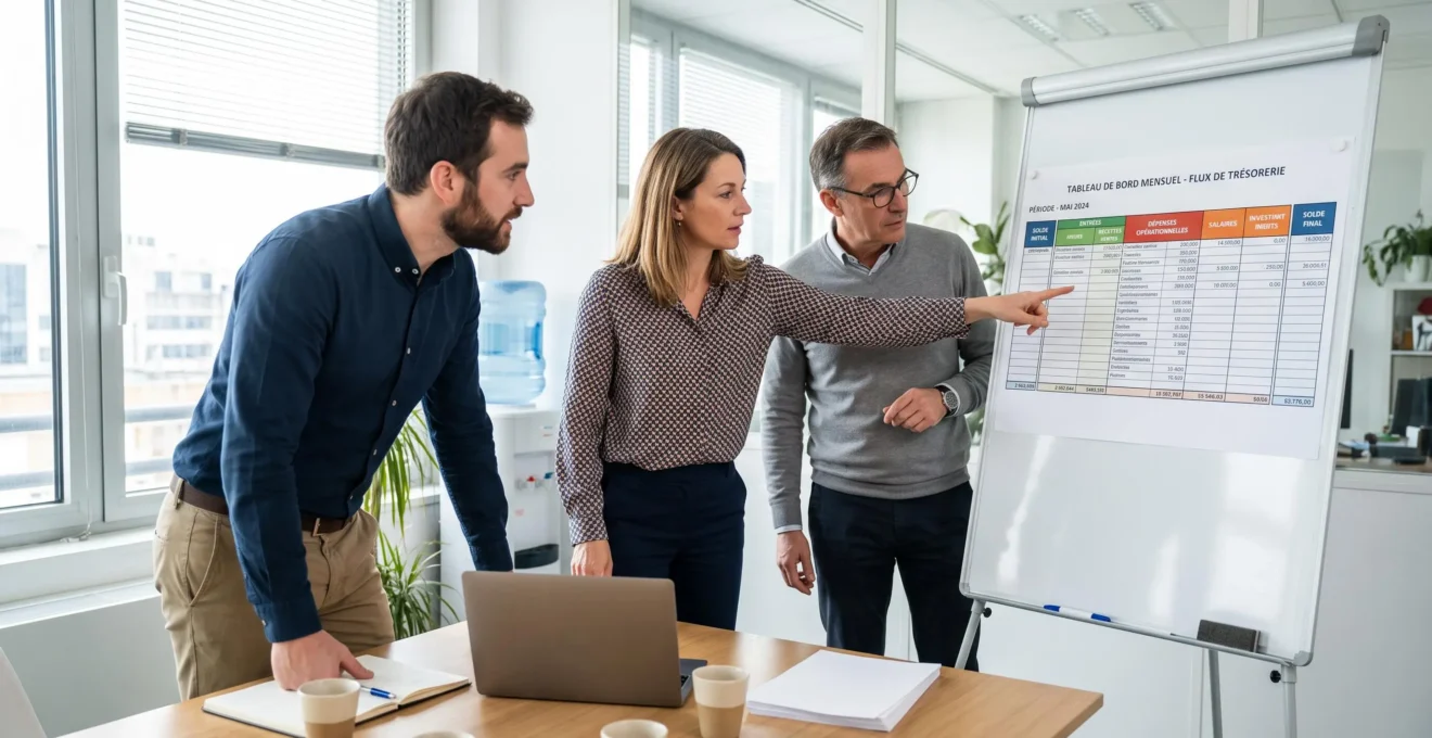 Trois collaborateurs de services différents discutent autour d'un tableau de bord de trésorerie imprimé dans une salle de réunion.