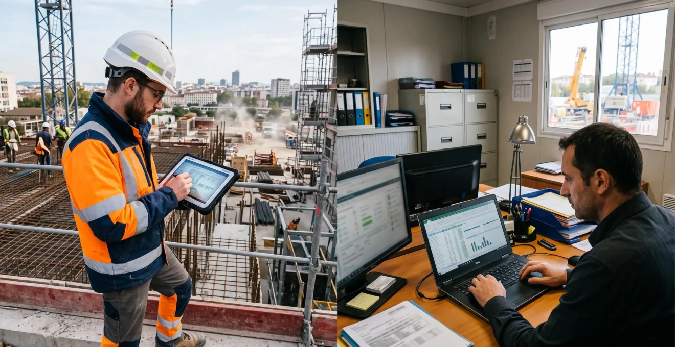 Conducteur de travaux transmettant des données de chantier à une équipe administrative
