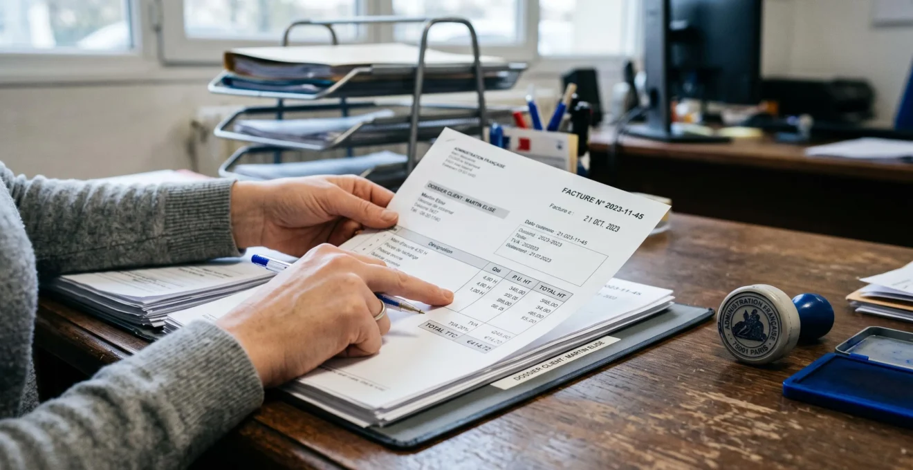 Des mains vérifient une facture client imprimée en la comparant aux documents d'un dossier posé sur un bureau.