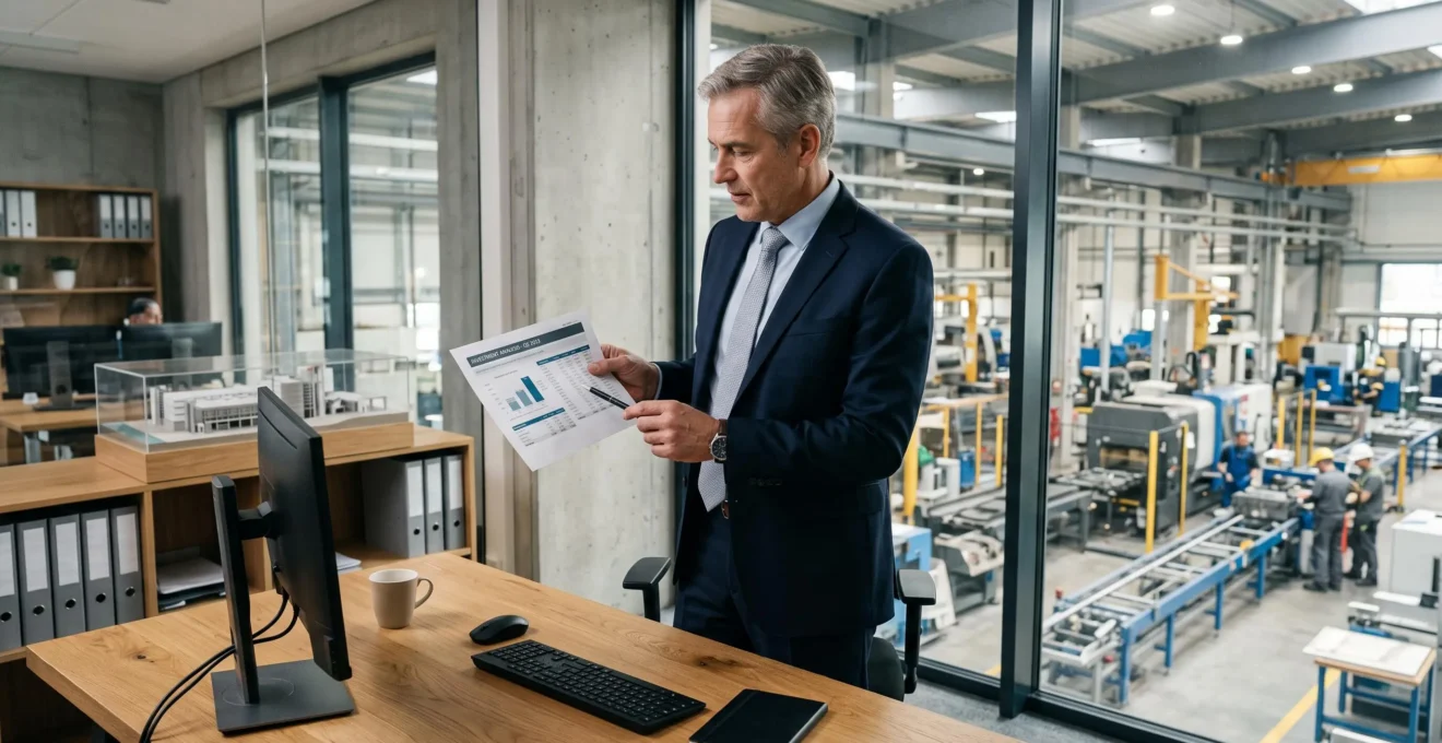 Un directeur financier analyse un document comptable devant une machine industrielle visible par la fenêtre.