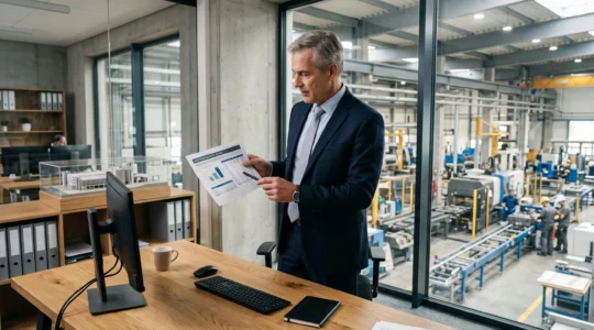 Un directeur financier analyse un document comptable devant une machine industrielle visible par la fenêtre.