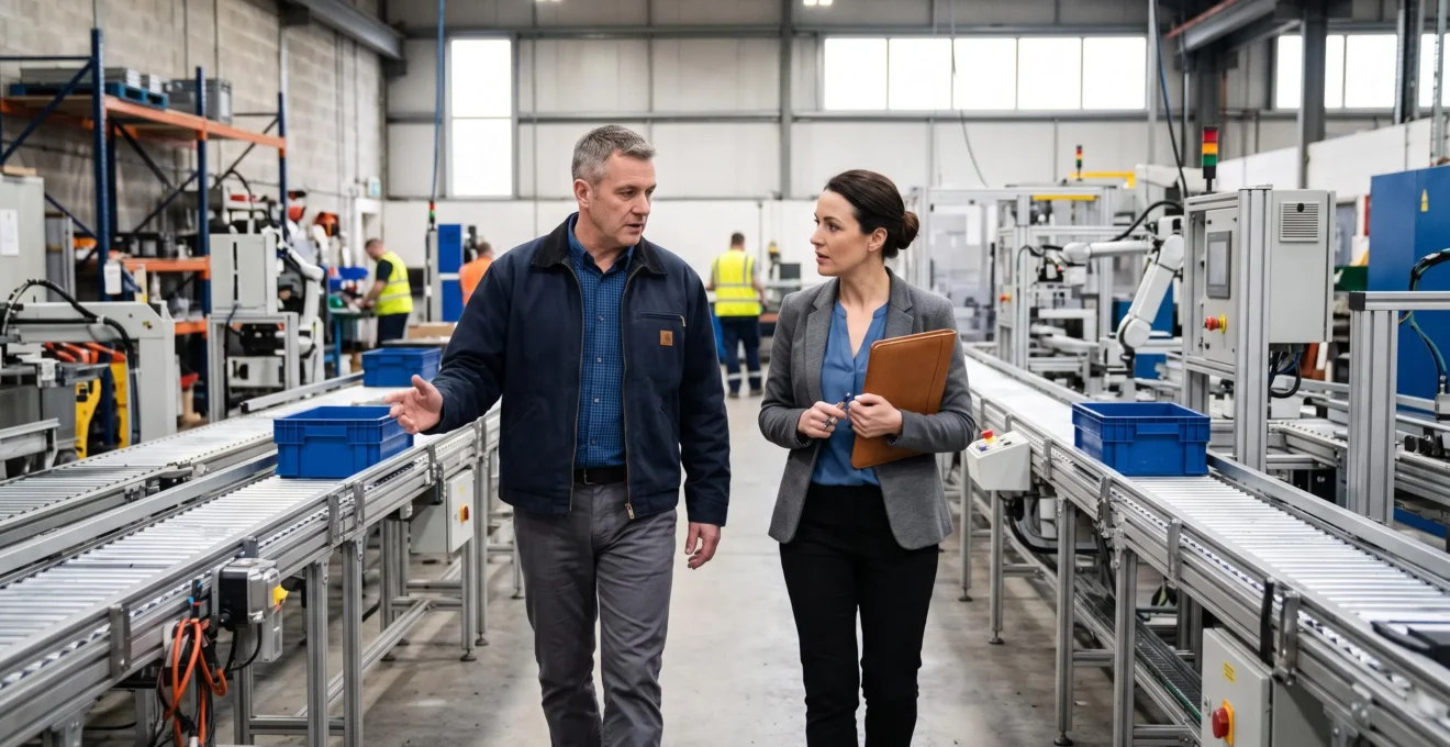 Un dirigeant et un conseiller discutent devant une ligne de production dans un atelier industriel.