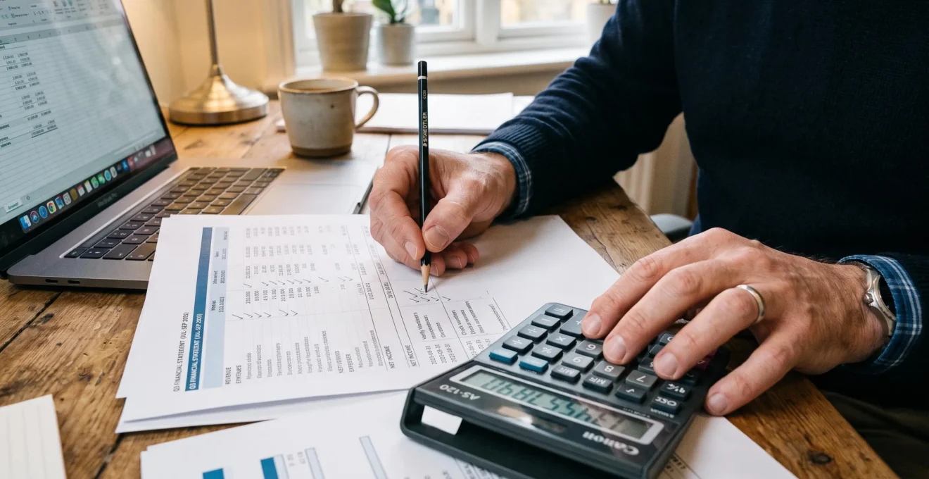 Un expert-comptable vérifie des chiffres à la calculatrice sur un tableau financier imprimé.